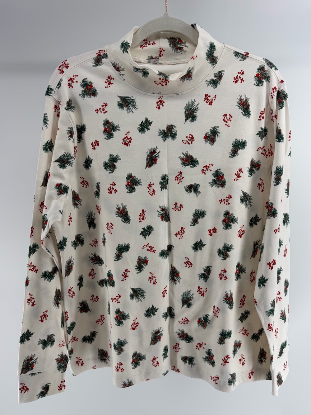 Lands' End Red & Green Holly & Pine Cream Relaxed Fit Mock Neck Turtleneck, XLP